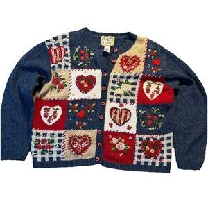 Heirloom Collectibles XL Patchwork Heart Cardigan Floral Cottagecore Sweater Y2K